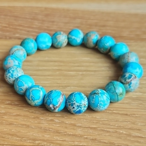 SOLD Turquoise Imperial Sea Sediment Jasper Bead Stretch Hand Crafted Bracelet - Picture 6 of 9